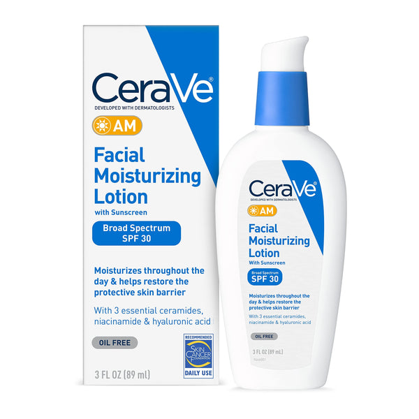 CeraVe AM Facial Moisturizing Lotion SPF 30 89 ml, front of the pump bottle on a white background