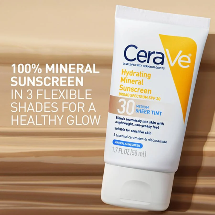 CERAVE Hydrating Mineral Sunscreen SPF 30 Face Sheer Tint, Shade: Medium