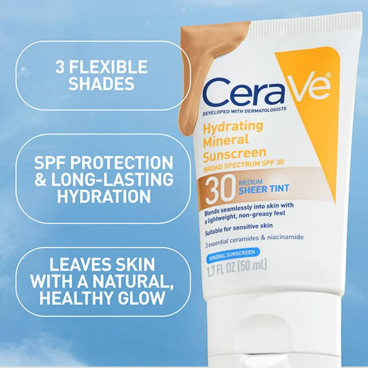 CERAVE Hydrating Mineral Sunscreen SPF 30 Face Sheer Tint, Shade: Medium