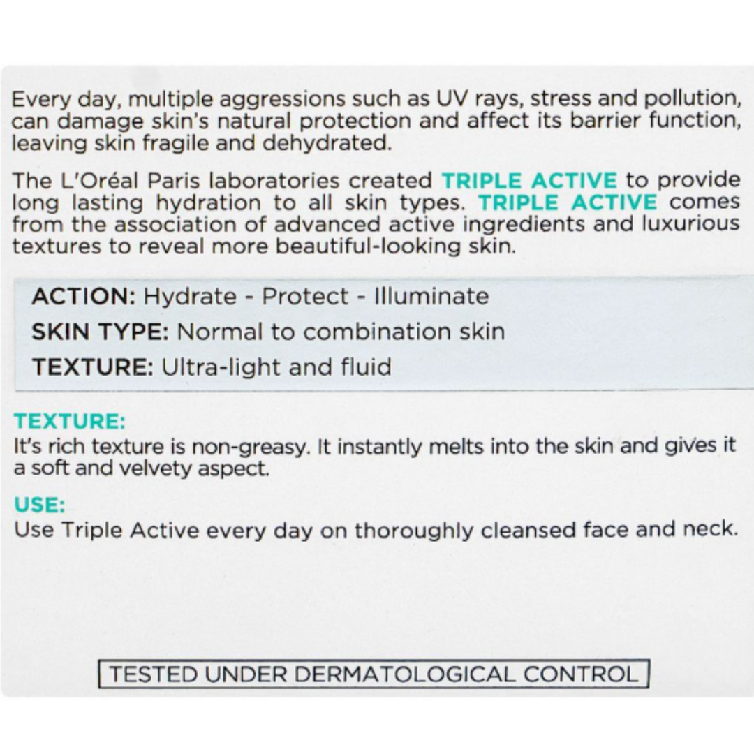 Loreal Triple Active Day Moisturiser Normal to Combination Skin 24HR hydration