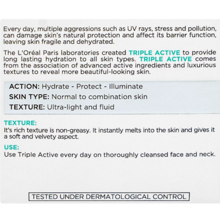 Loreal Triple Active Day Moisturiser Normal to Combination Skin 24HR hydration