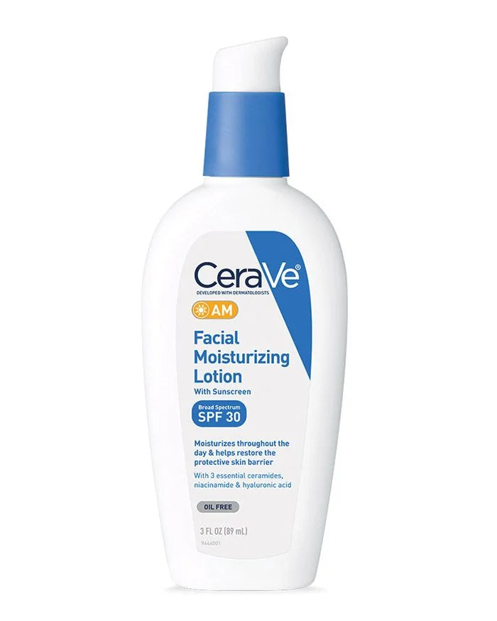 CeraVe AM Facial Moisturizing Lotion SPF 30 89 ml, pump bottle shown next to the lotion texture