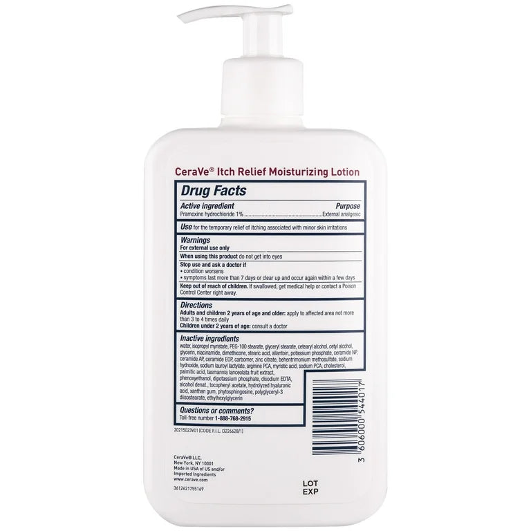 CeraVe Itch Relief Moisturizing Lotion 473 ml, back label showing directions and warnings