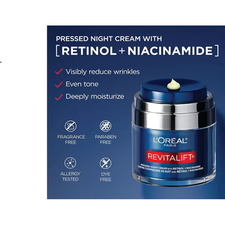 Loreal Paris Revitalift Pressed Night Cream with Retinol+Niacinamide, Anti-Aging Cream- 48g (fragrance free)