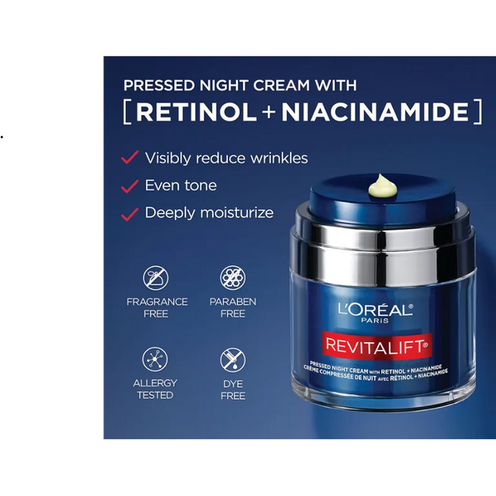 Loreal Paris Revitalift Pressed Night Cream with Retinol+Niacinamide, Anti-Aging Cream- 48g (fragrance free)