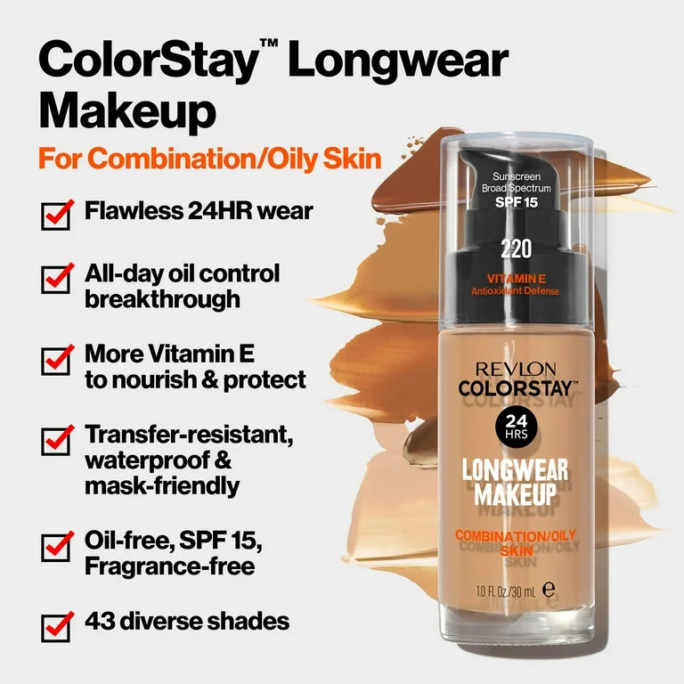 Revlon ColorStay Liquid Foundation Makeup, combination/oily Skin, SPF 15 - 180 Sand Beige