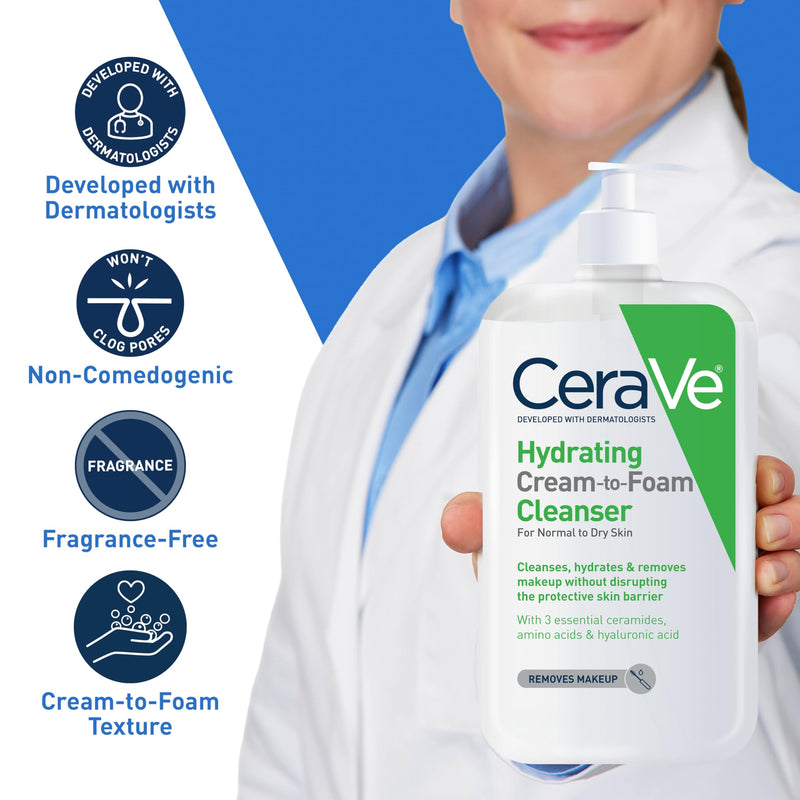 Cerave Hydrating Cream-to-Foam Face Wash with Hyaluronic Acid for Normal/Balanced to Dry Skin 355ml