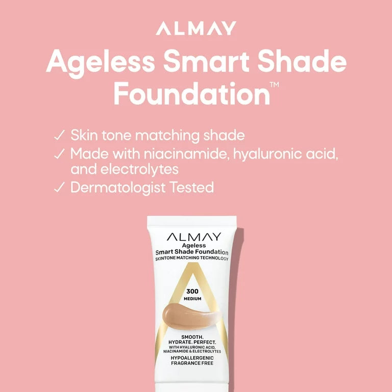 Almay Ageless Smart Shade Liquid Foundation Makeup, Hypoallergenic, 050 Fair, 1 fl oz