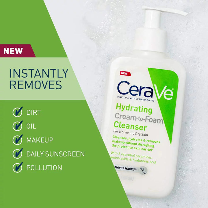 Cerave Hydrating Cream-to-Foam Face Wash with Hyaluronic Acid for Normal/Balanced to Dry Skin 237 ml