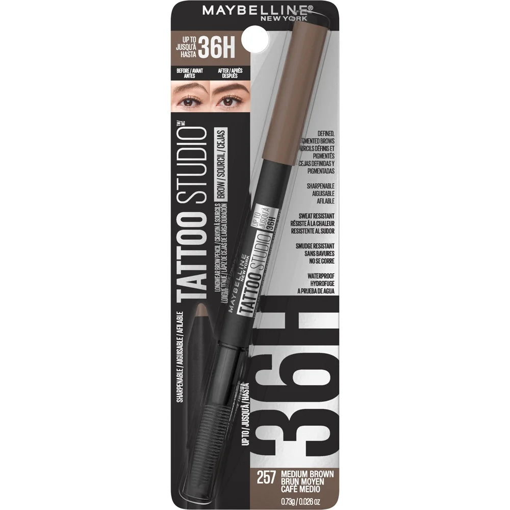 Maybelline New York Tattoo Studio 36HR Pigment Brow Pencil, 257 Medium Brown