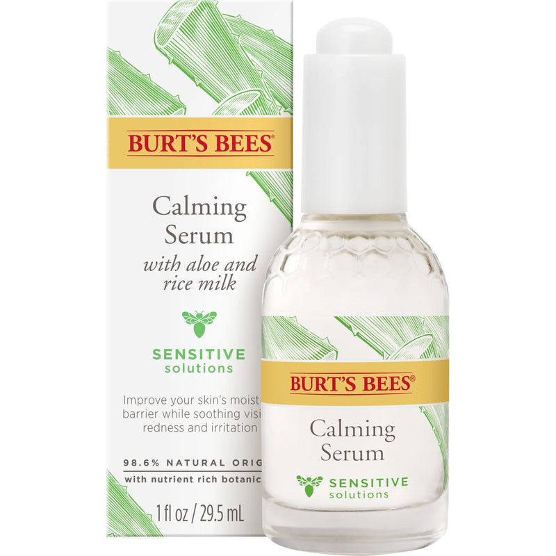 Burts Bees Calming Serum With Aloe and Rice Milk, Moisture-Boosting Serum for Sensitive Skin, 98.6 Percent Natural Origin Skin Care, 1 fl. oz. Bottle