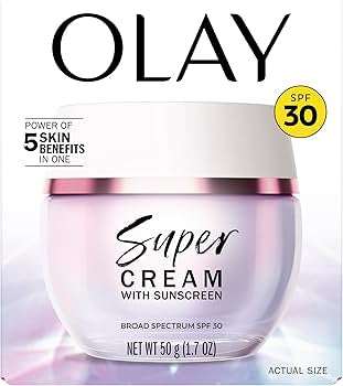 Olay Super Cream with Sunscreen SPF 30, Lightweight Face Moisturizer with Sun Protection, 5-in-1 Skin Care Benefits - Hydrating, Brightening, Firming - Niacinamide, Vitamin C, Collagen Peptide, 1.7oz